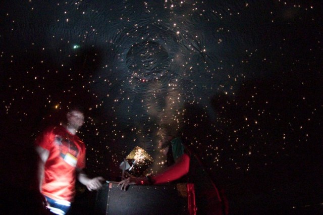 (Left) James O’Hanlon | Australian Museum and (Right) Shane next to the projection system inside the StarLab (Photo Credit: Shane Hengst)